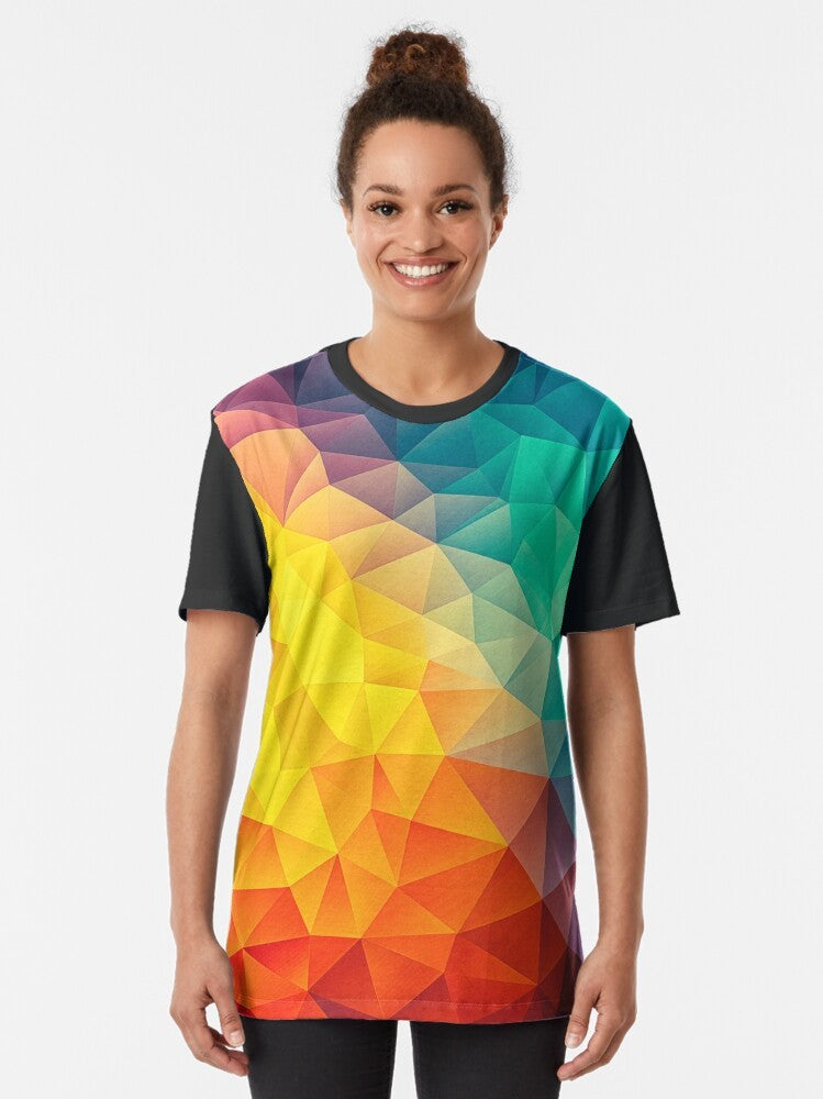 A colorful abstract geometric graphic design t-shirt with triangle and polygon shapes. - Women