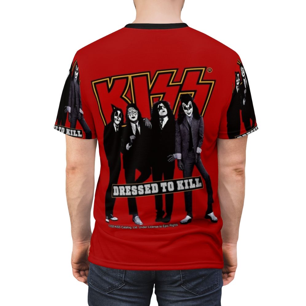 Red and black all over pattern t-shirt featuring a tribute design to the classic rock band KISS - men back