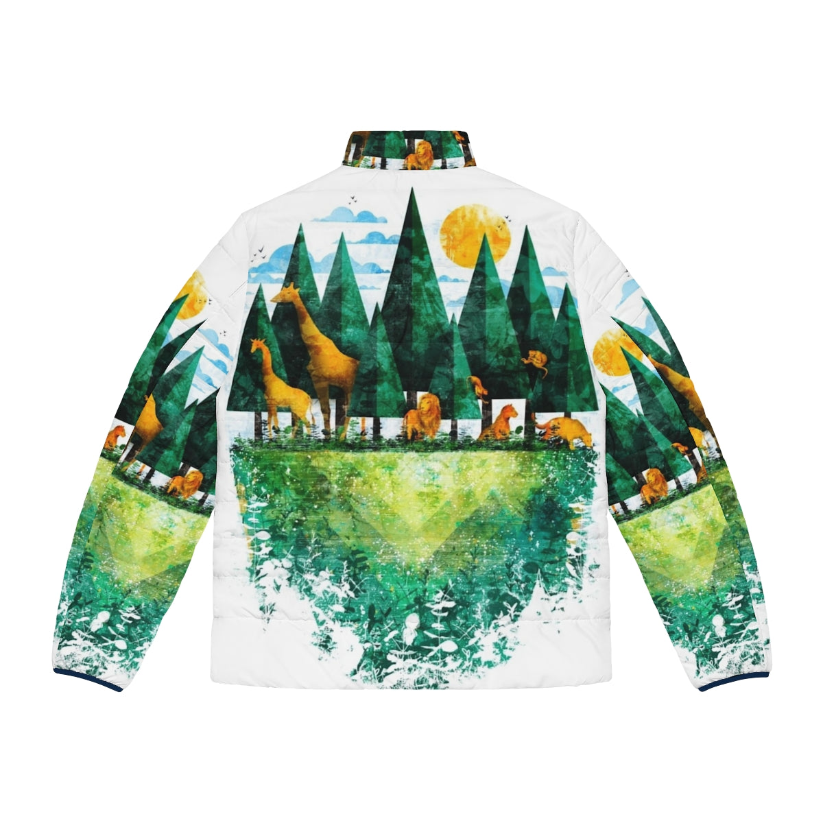 Geo Forest Puffer Jacket with nature and animal graphics - Back