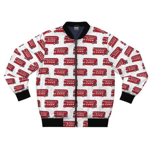 London red bus pattern bomber jacket, featuring an iconic London bus design