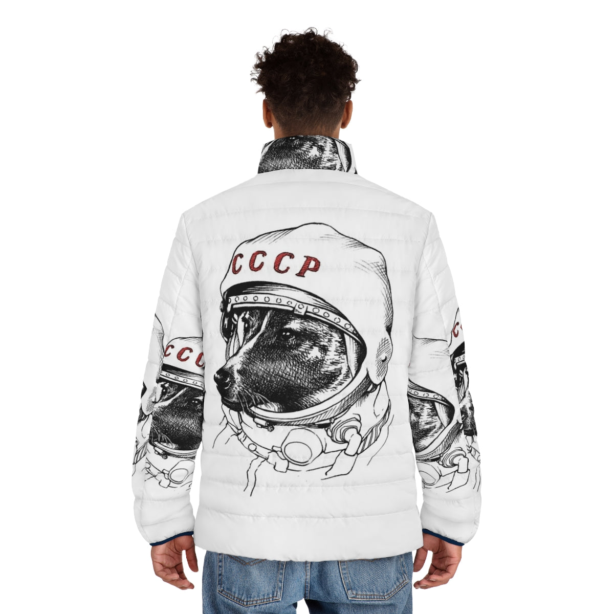 Laika Space Traveler Puffer Jacket featuring a dog in a spacesuit - men back