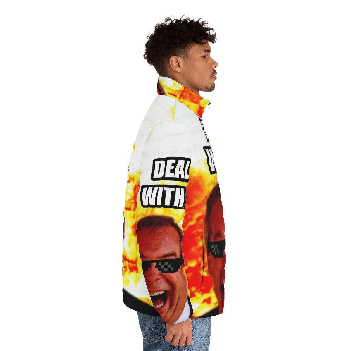 Nigel Farage wearing a puffer jacket with the text "Deal With It" - men side right