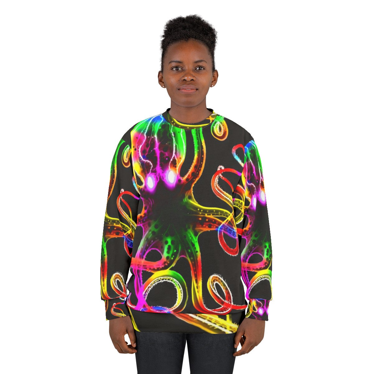 A vibrant rainbow octopus glowing in the dark on a sweatshirt - women