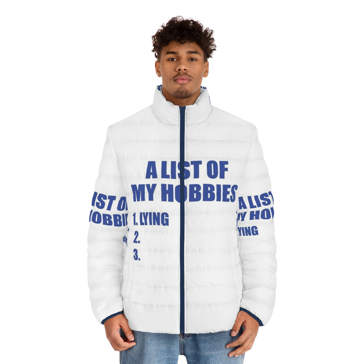 Puffer jacket with "A List of My Hobbies" graphic - men front