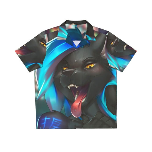 Colorful Hawaiian shirt with anime-inspired cat design