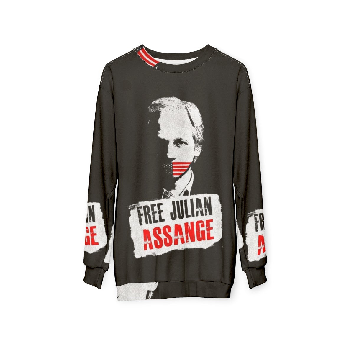 Free Julian Assange Sweatshirt with Wikileaks and Activism Imagery - hanging