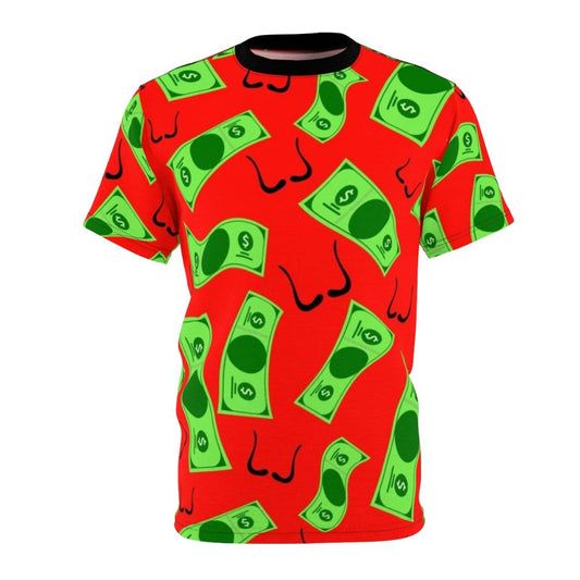 Money Heist inspired graphic t-shirt with pattern of Dali-style dollar signs