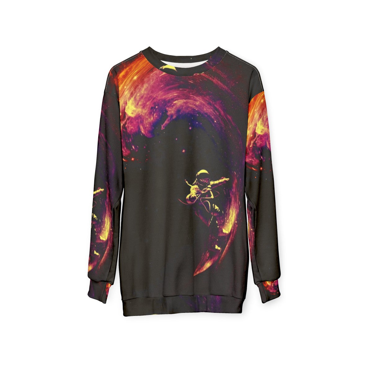 Cosmic Surfing Space Sweatshirt with Intergalactic Design - hanging