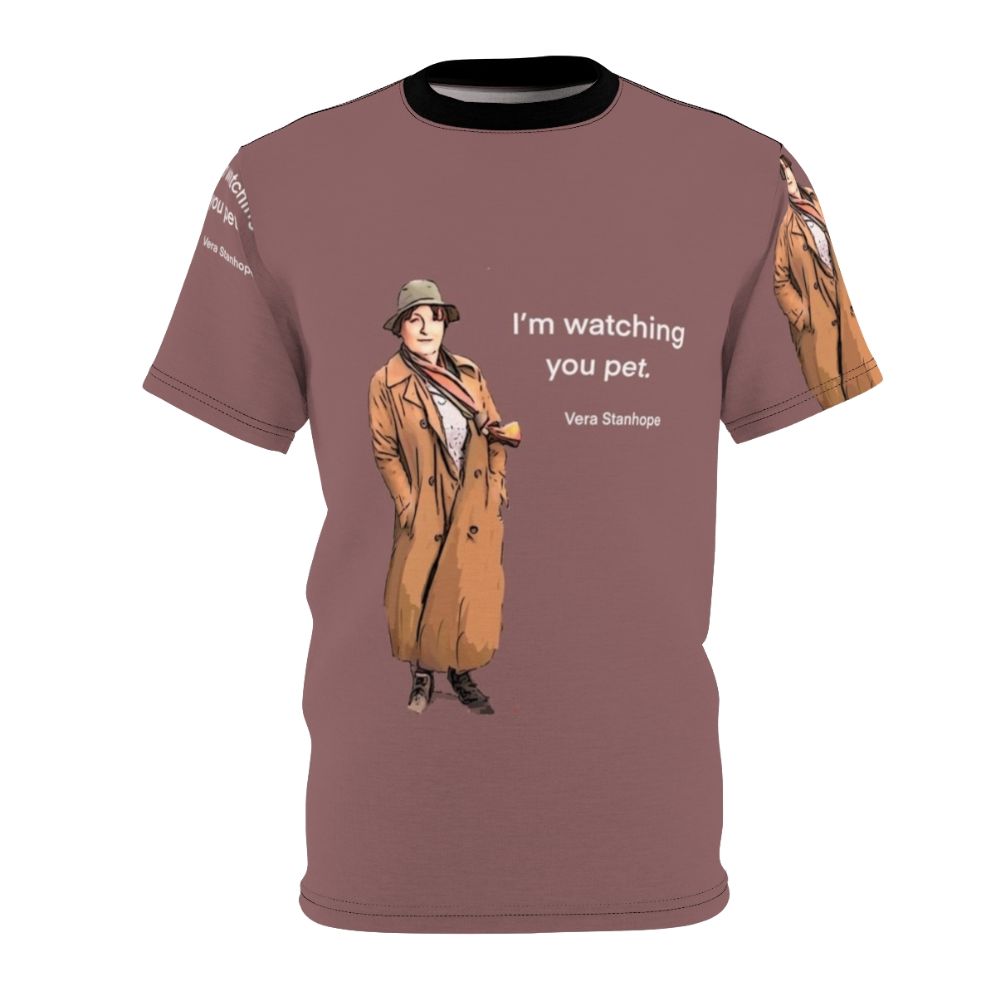 Vera Stanhope inspired all-over print t-shirt featuring the beloved detective character from the popular UK television crime drama series.