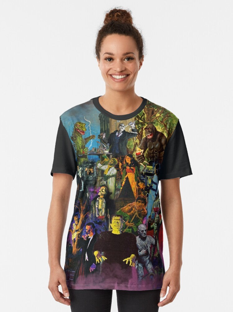 Retro-style graphic t-shirt featuring classic movie monsters like Frankenstein, Dracula, and the Creature from the Black Lagoon, inspired by 1960s monster model kits and box art. - Women