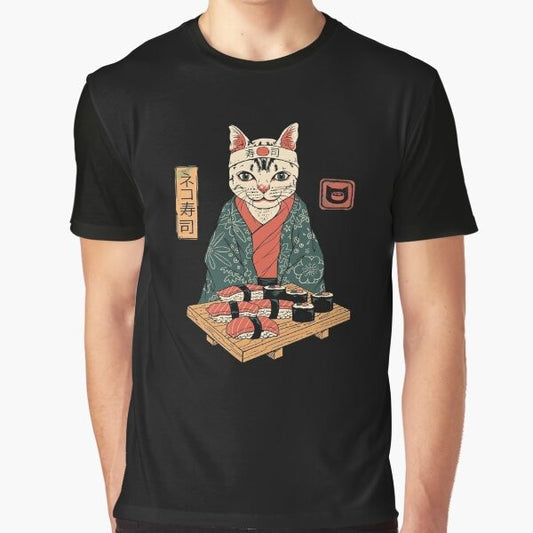 Neko Sushi Bar Graphic T-Shirt - Cute Cat and Sushi Design