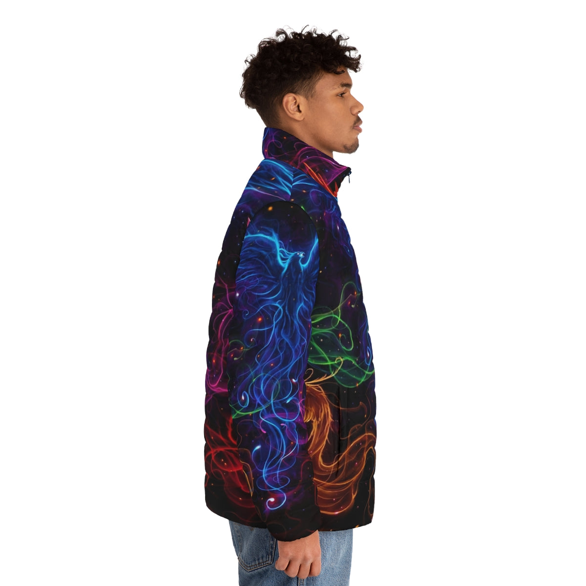 Colorful puffer jacket featuring a phoenix design against a vibrant sky - men side right