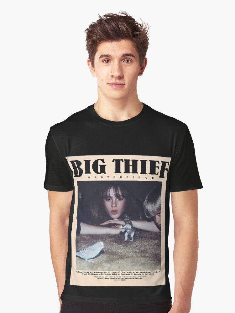 Big Thief indie music, folk music, and alternative music band graphic t-shirt design featuring the band's name and logo. - Men