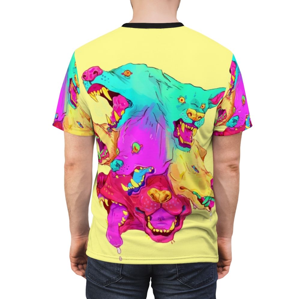 Pileup monster design on a bright and colorful t-shirt - men back