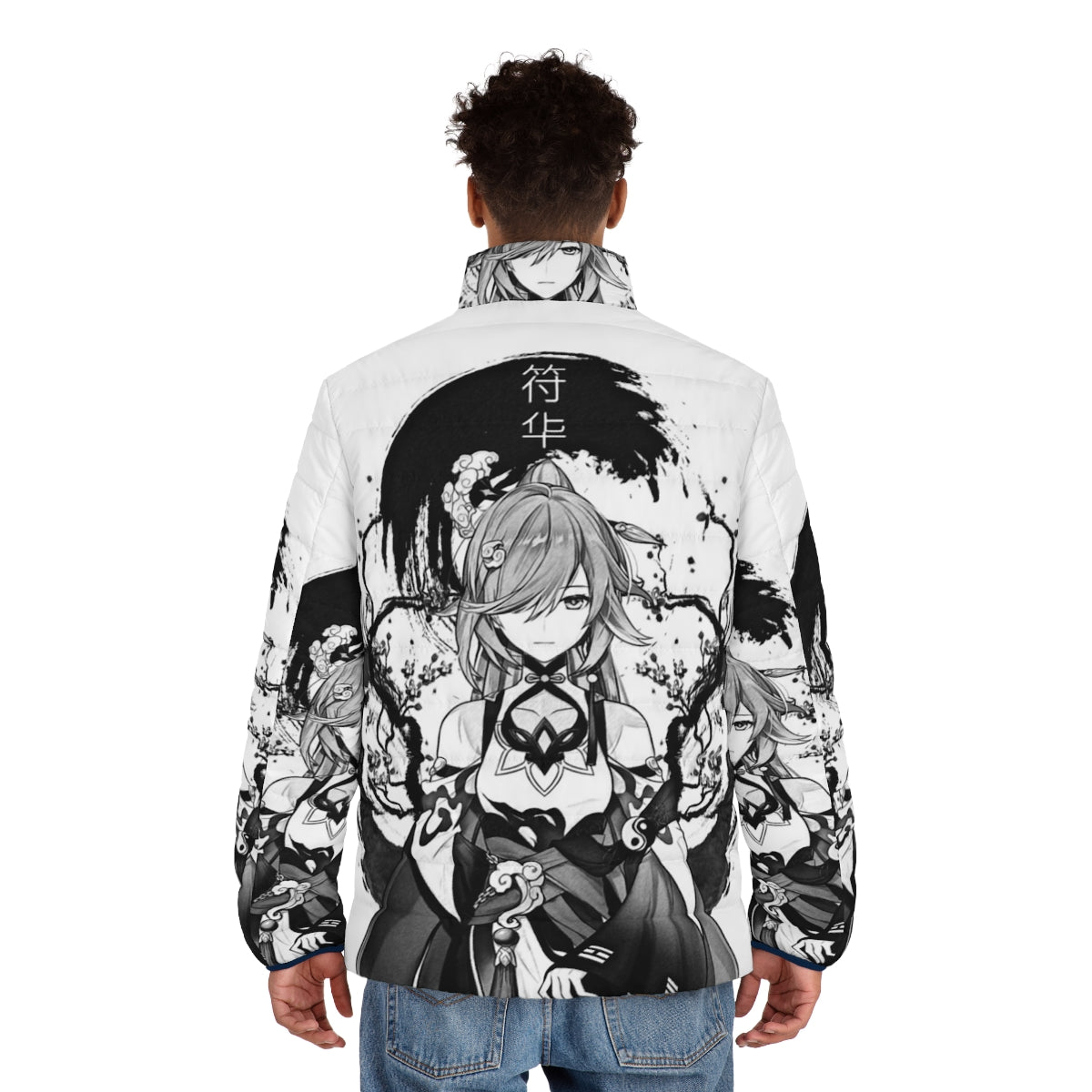 Anime-inspired quiet ink puffer jacket with monochrome design, Honkai Impact and Genshin Impact inspired - men back