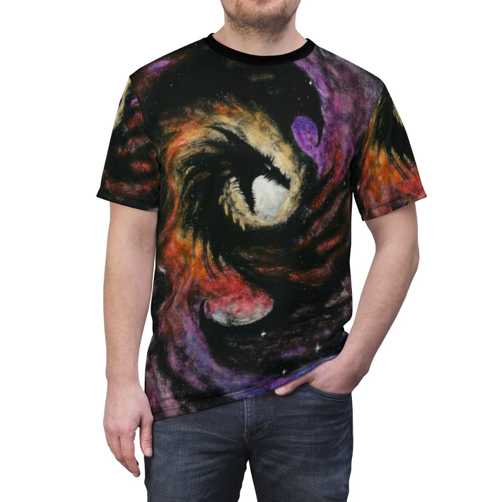 Cosmic dragon graphic on a high-quality t-shirt - men front