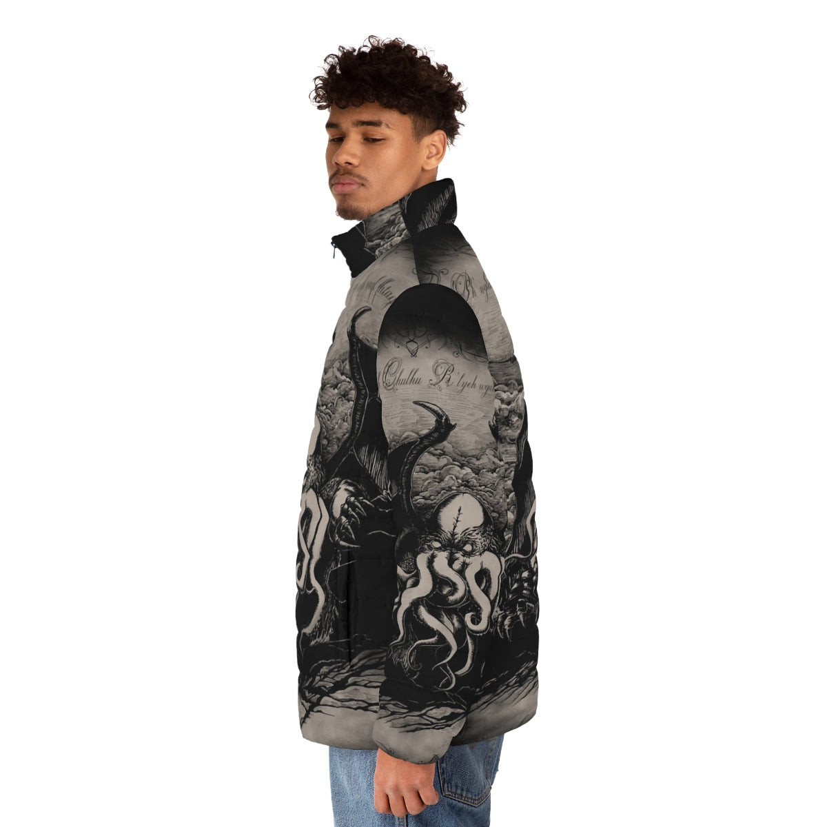 Lovecraft-inspired Cthulhu puffer jacket with vintage-style tentacle monster illustration - men side left