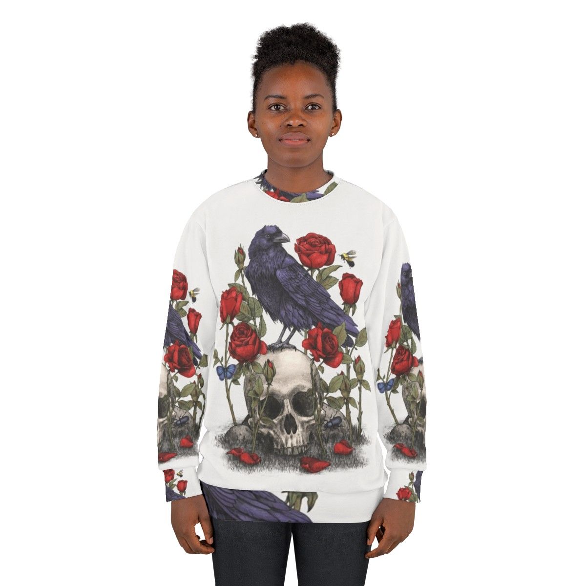 Memento Mori Sweatshirt with Raven, Skull, and Floral Graphic - women