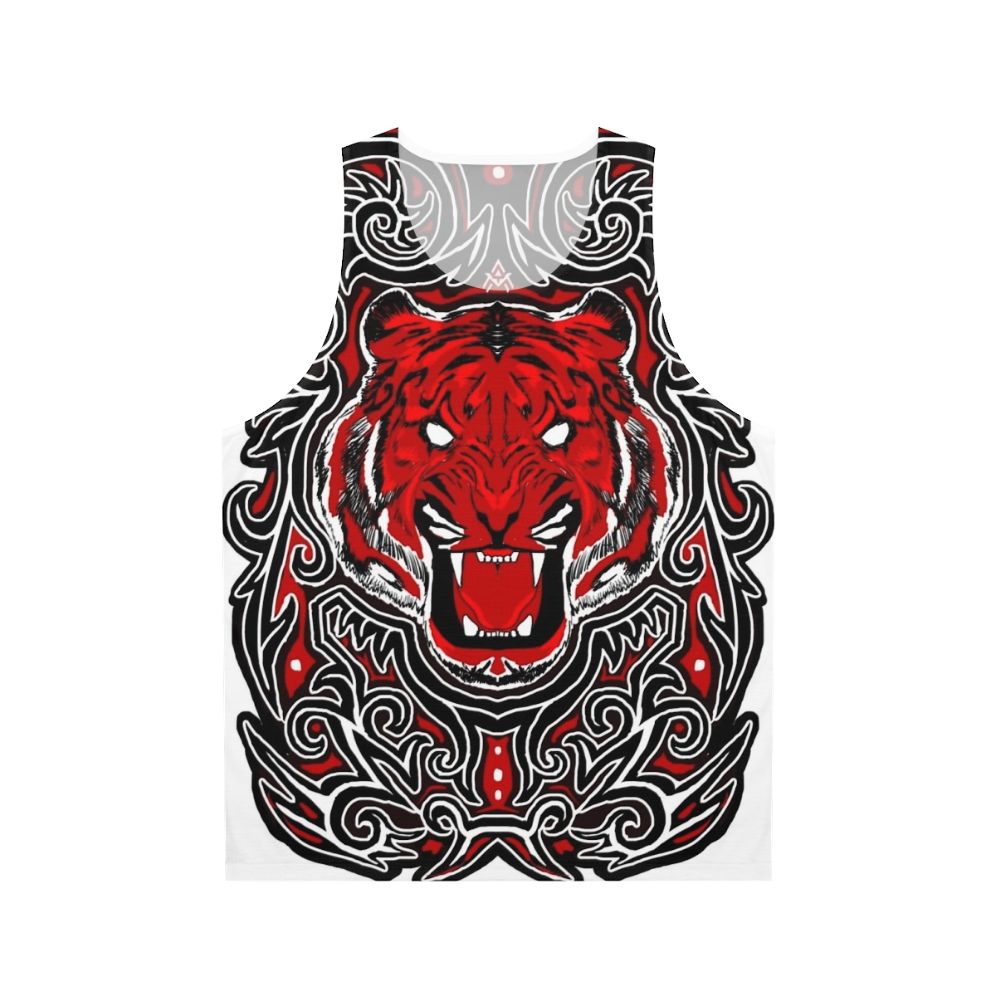 Unisex red tank top with angry tiger Indonesian art design