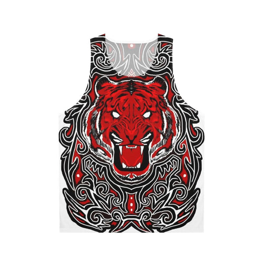 Unisex red tank top with angry tiger Indonesian art design