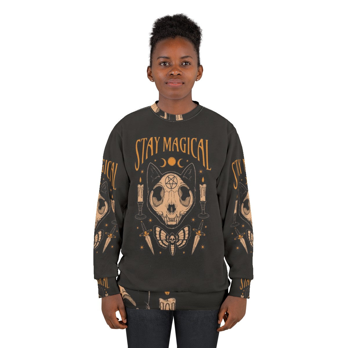 Stay Magical Occult Sweatshirt with Cat Skull, Skeleton, and Moon Imagery - women