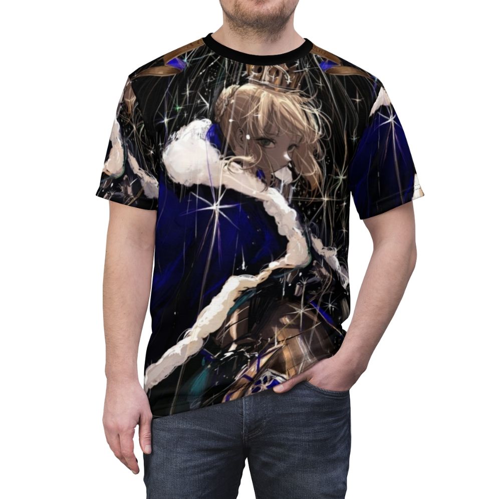 Saber Fate anime girl character art printed on a high-quality t-shirt - men front