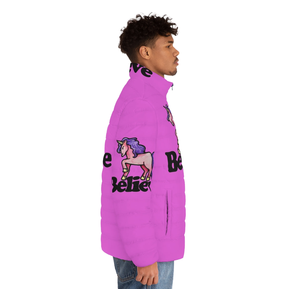 Believe In Unicorns Puffer Jacket with a cute unicorn design - men side right