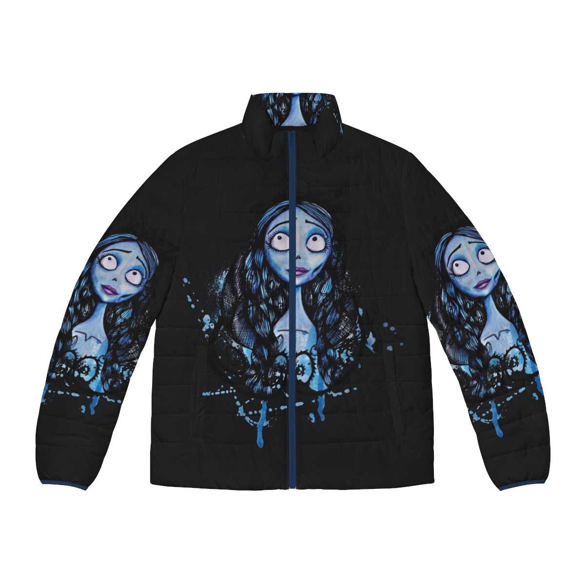 Watercolor Corpse Bride Puffer Jacket featuring the beloved character Emily from Tim Burton's classic animation