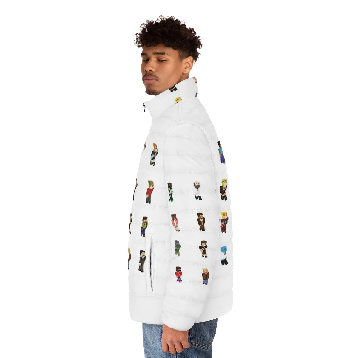 Hermitcraft inspired puffer jacket featuring popular Minecraft YouTubers - men side left