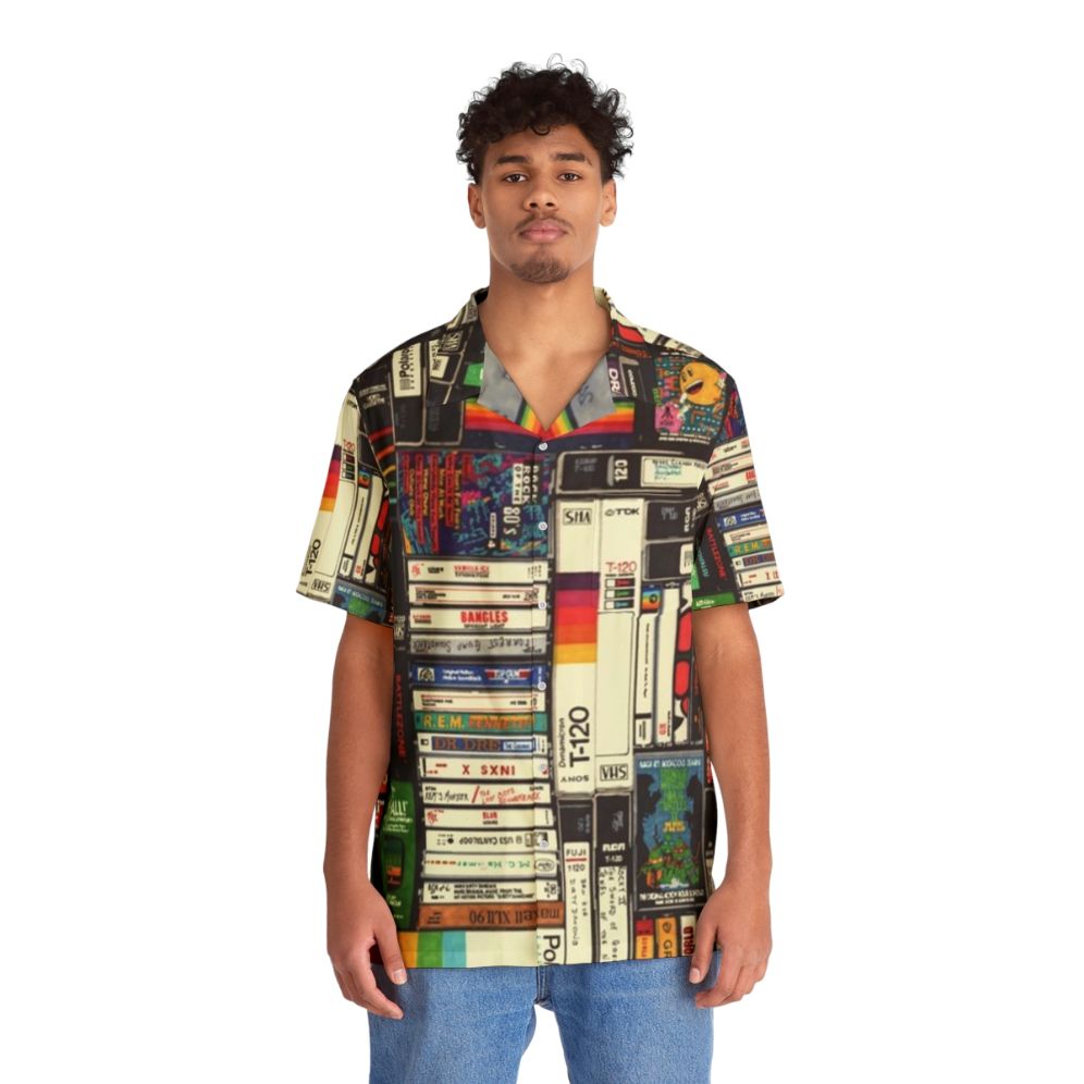 Retro 80s Hawaiian Shirt with Vintage Cassette and VHS Print - People Front