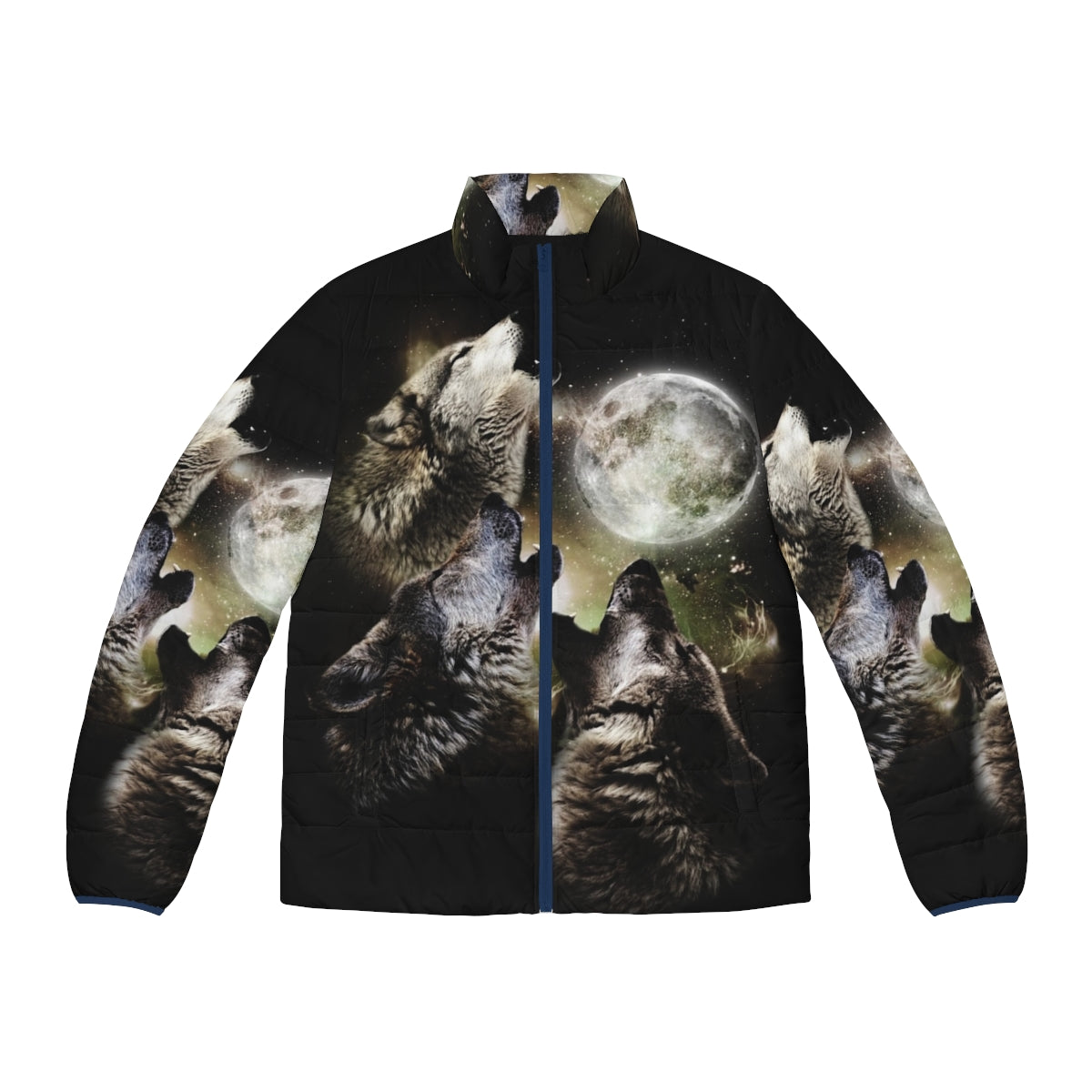 Three wolves howling at the full moon puffer jacket design