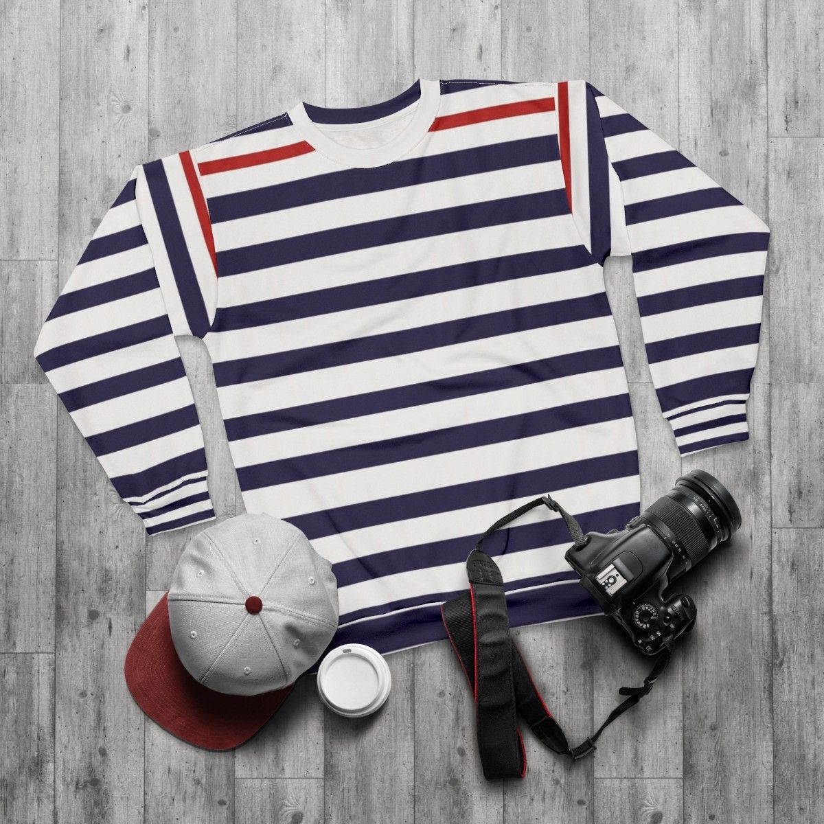 Nautical navy blue striped minimalist sweatshirt - flat lay