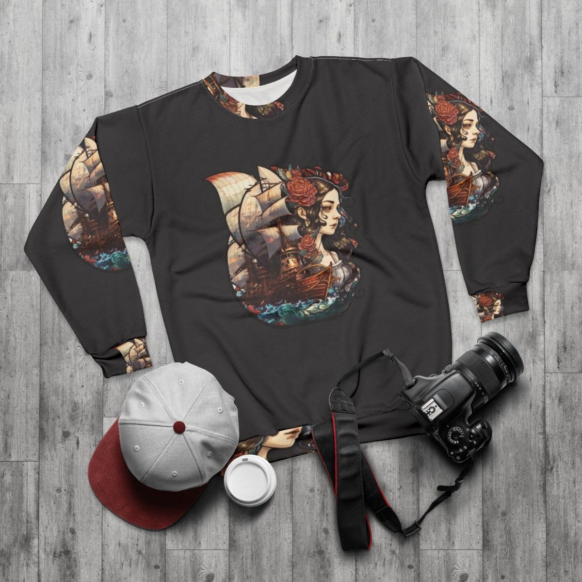 Mythical sea creatures sweatshirt featuring legendary beasts and fantasy creatures - flat lay