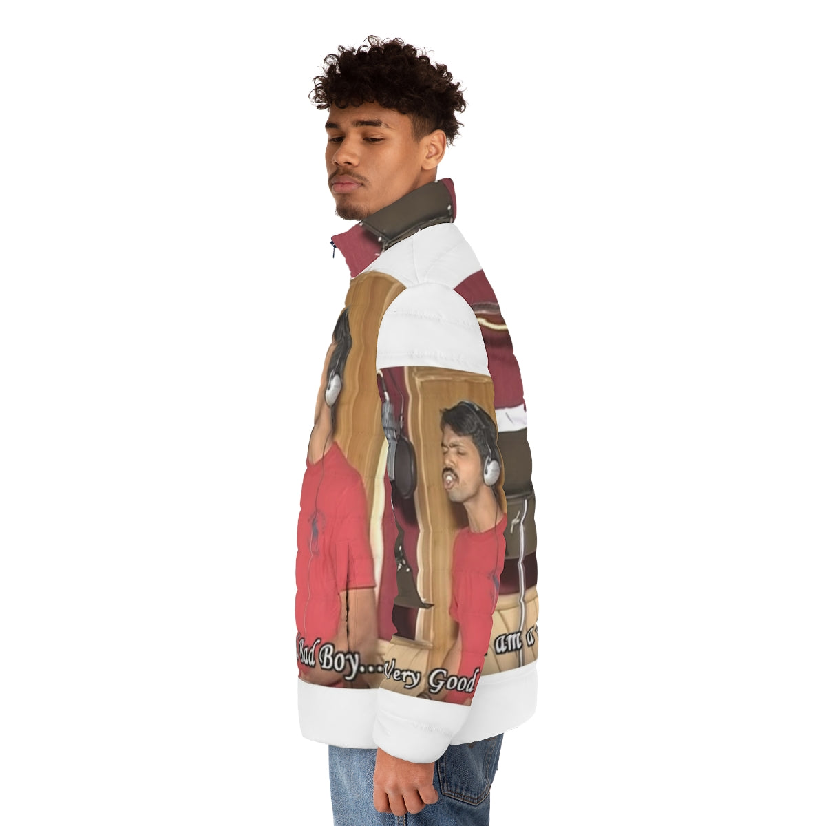 Puffer jacket featuring the iconic "Its My Life" meme by Vennu Mallesh - men side left