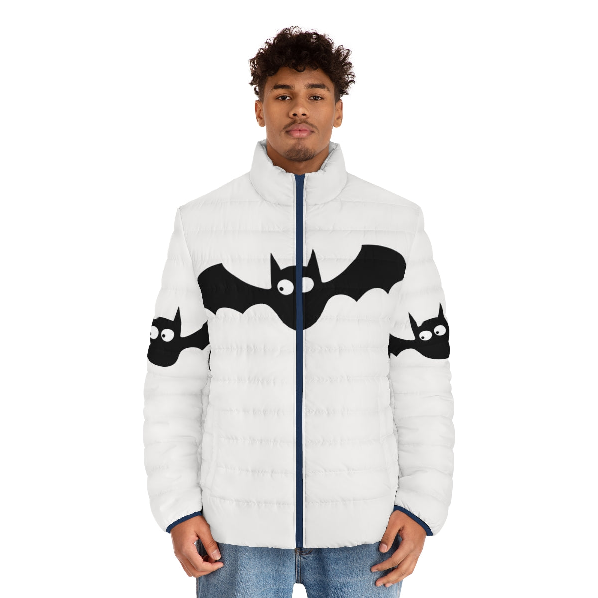 A black puffer jacket with a cute bat design, perfect for the Halloween season. - men front