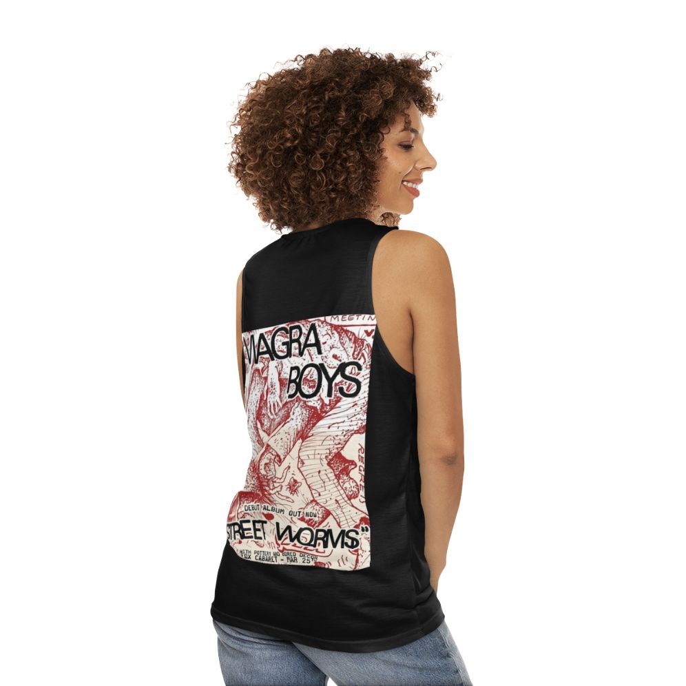 Unisex tank top featuring Viagra Boys street worms design - women back