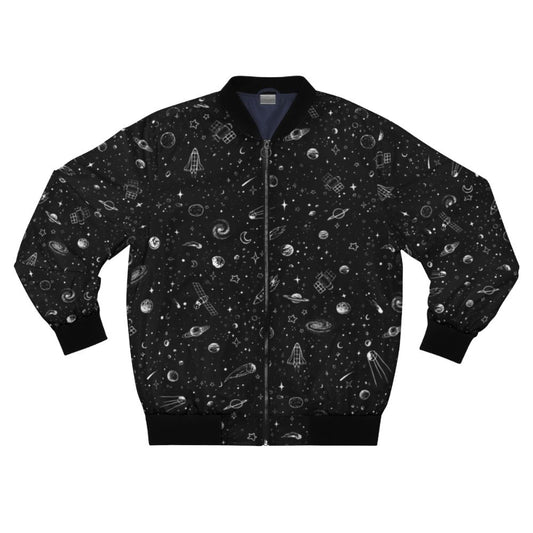 Stylish bomber jacket featuring a cosmic space design with planets, stars, and galaxies.