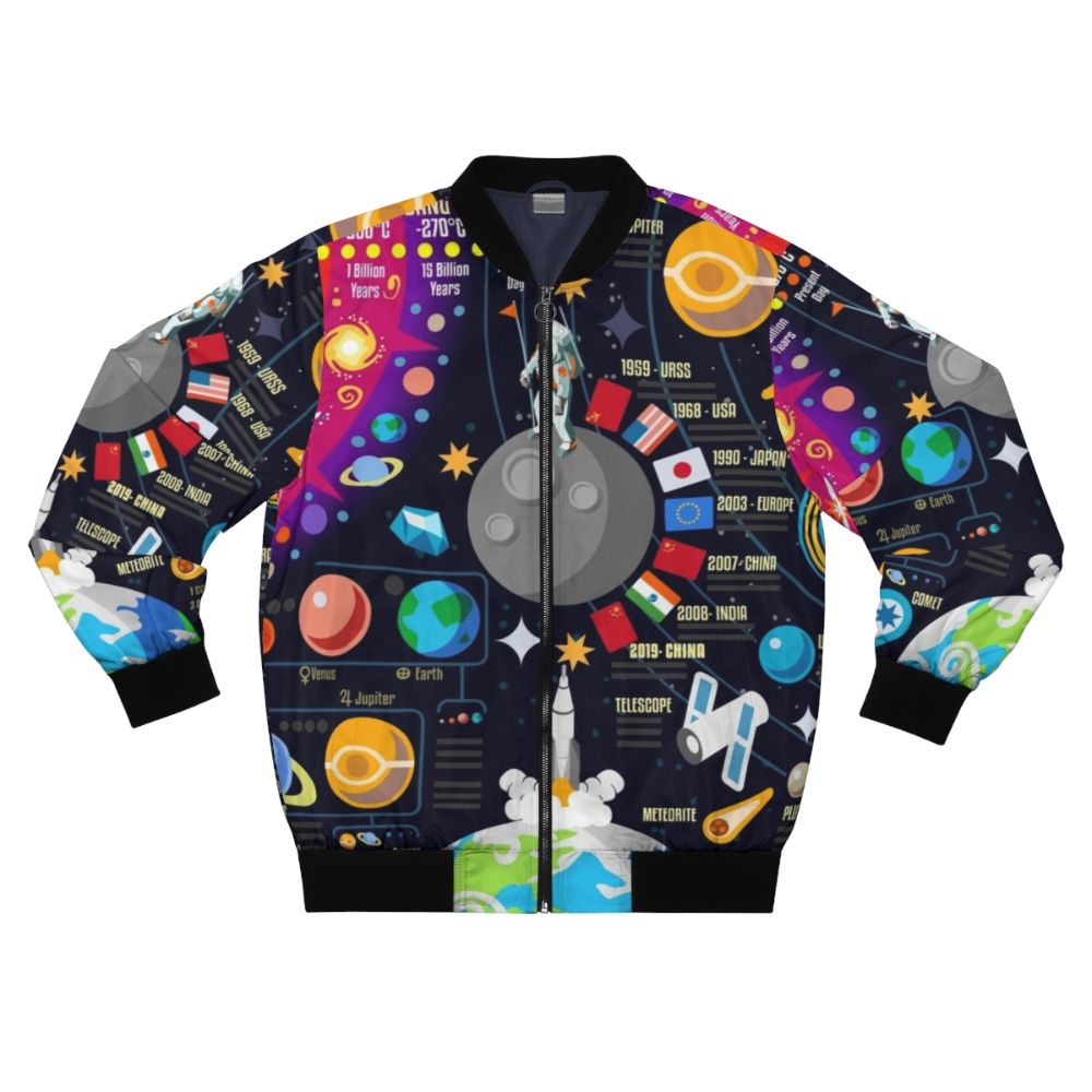 A bomber jacket featuring a vibrant space and universe infographic design, including planets, stars, and the big bang.