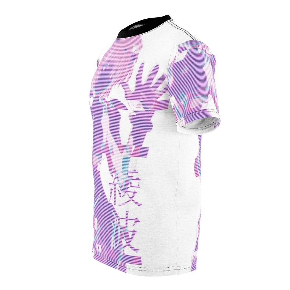 Vaporwave-inspired all-over-print t-shirt with Rei Ayanami glitch art design - men left