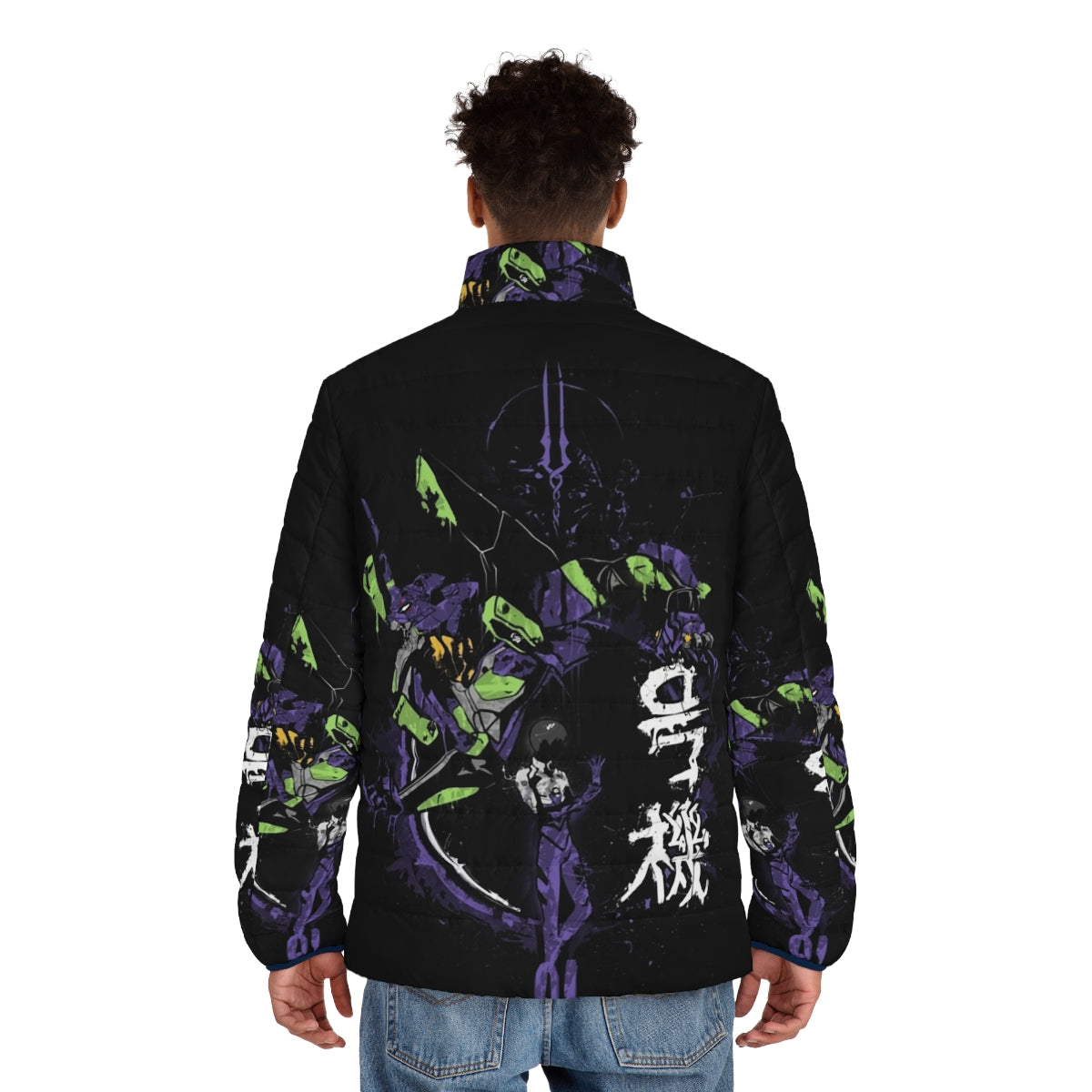 Evangelion Inspired Puffer Jacket with Anime Designs and Mecha Imagery - men back