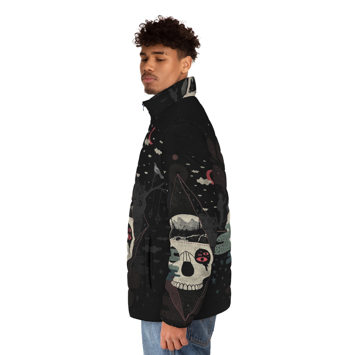 Cozy puffer jacket with surreal, abstract night and nature design - men side left