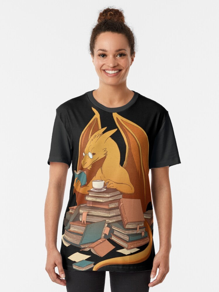 A graphic t-shirt featuring a dragon hoard of books, representing the love of literature and the life of a librarian. - Women