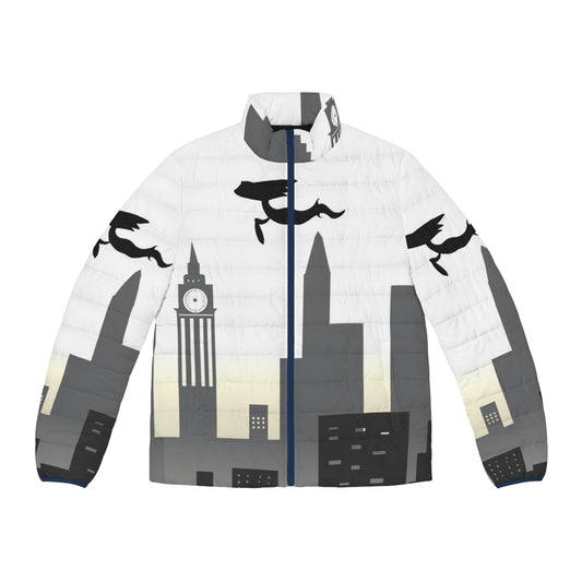 A grey and black puffer jacket with a futuristic, dystopian urban smog design