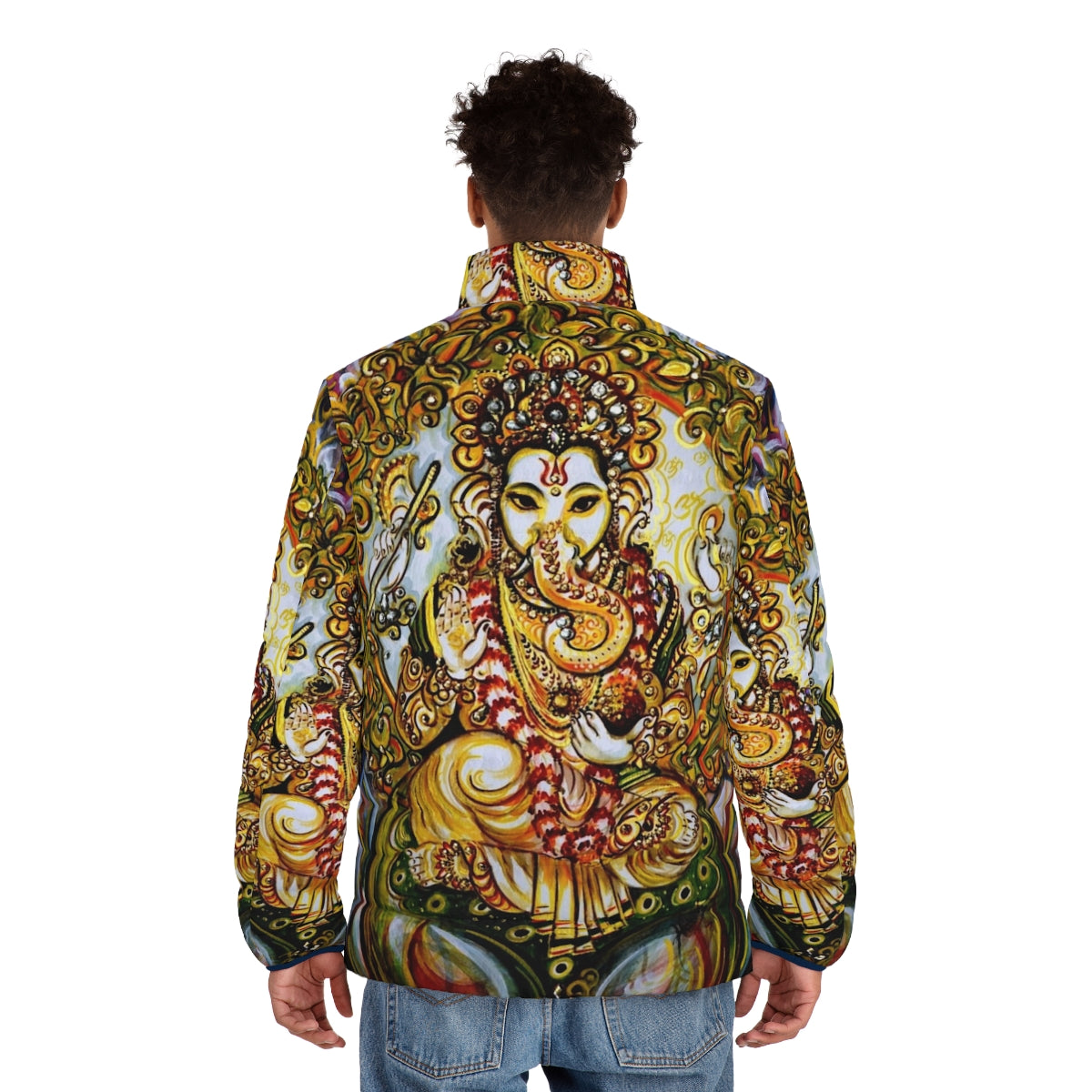 Lord Ganesha Puffer Jacket featuring the elephant god in a colorful, mythological design - men back