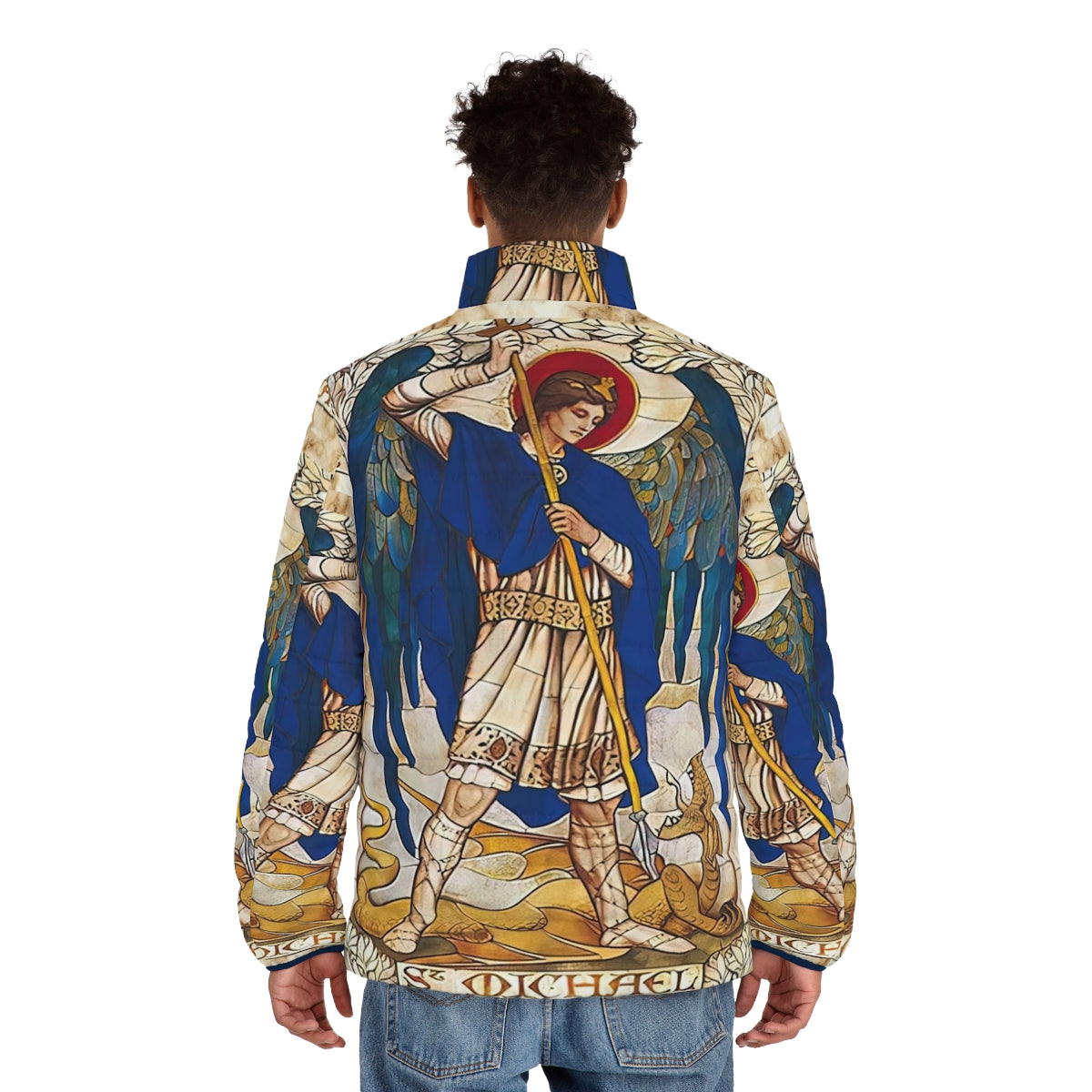 Puffer jacket featuring an image of Archangel Michael, the patron saint of protection against evil - men back