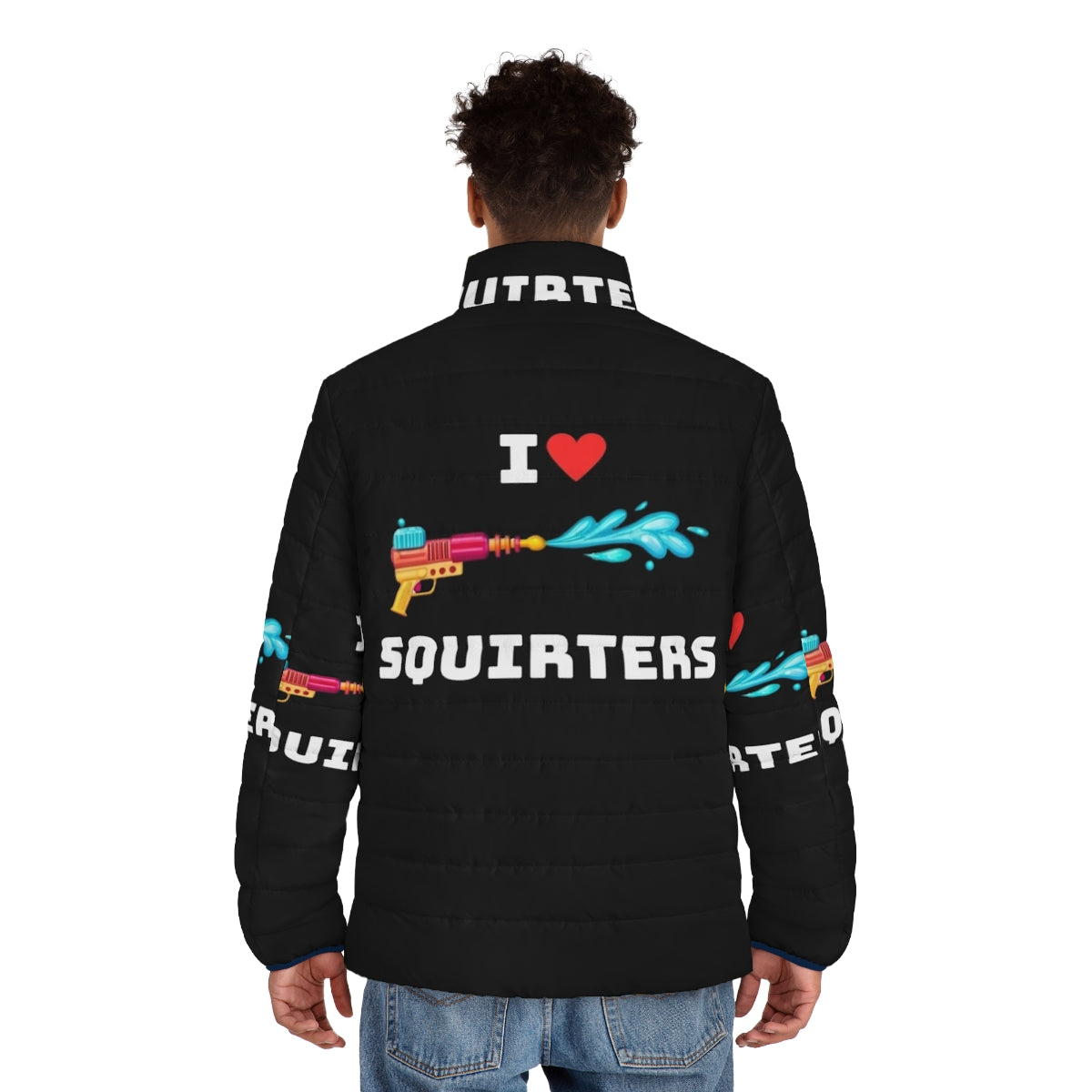 Adorable I Love Squirrels puffer jacket with a playful squirrel design - men back