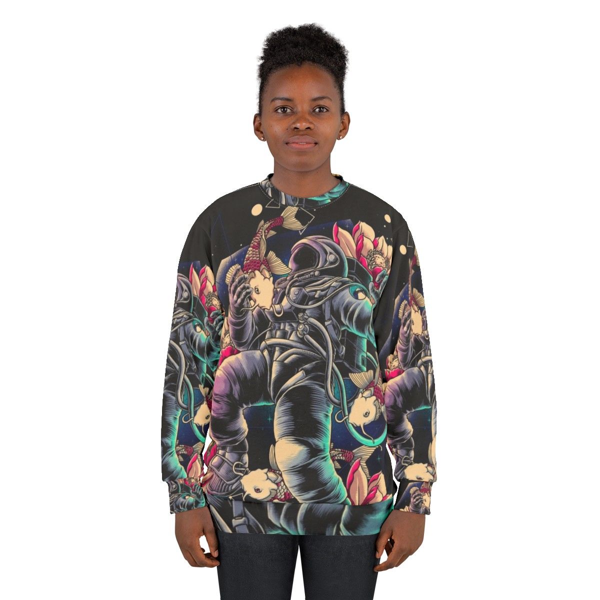 Man wearing deep space sweatshirt with geometric and cosmic design - women