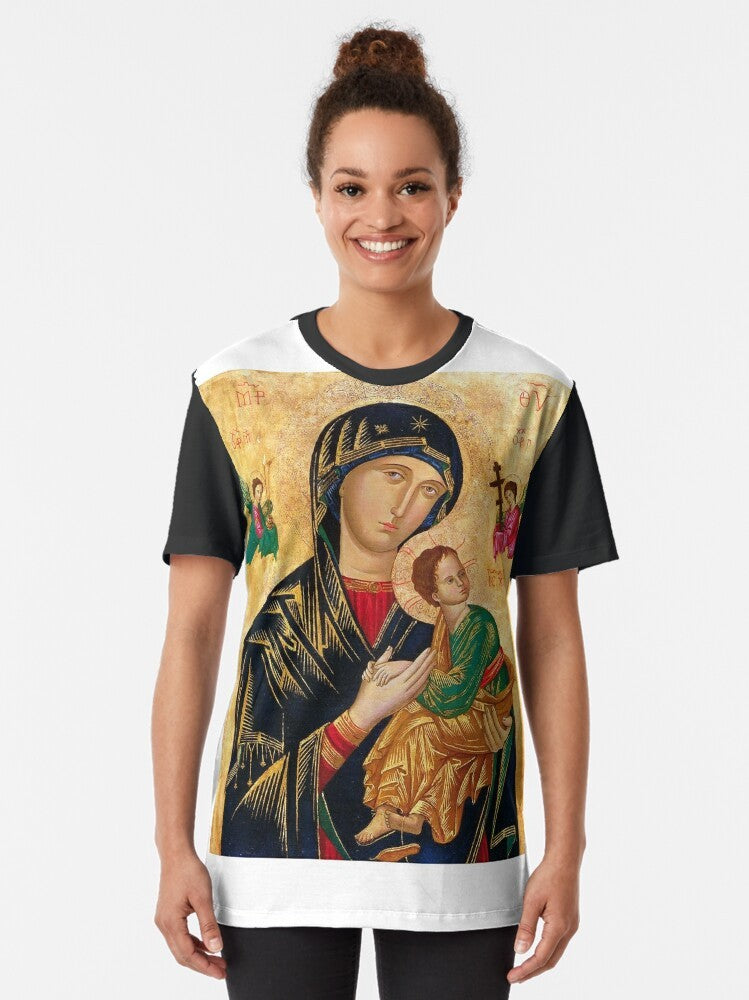 Our Lady of Perpetual Help graphic t-shirt featuring the iconic Russian Orthodox Madonna and Child image. - Women