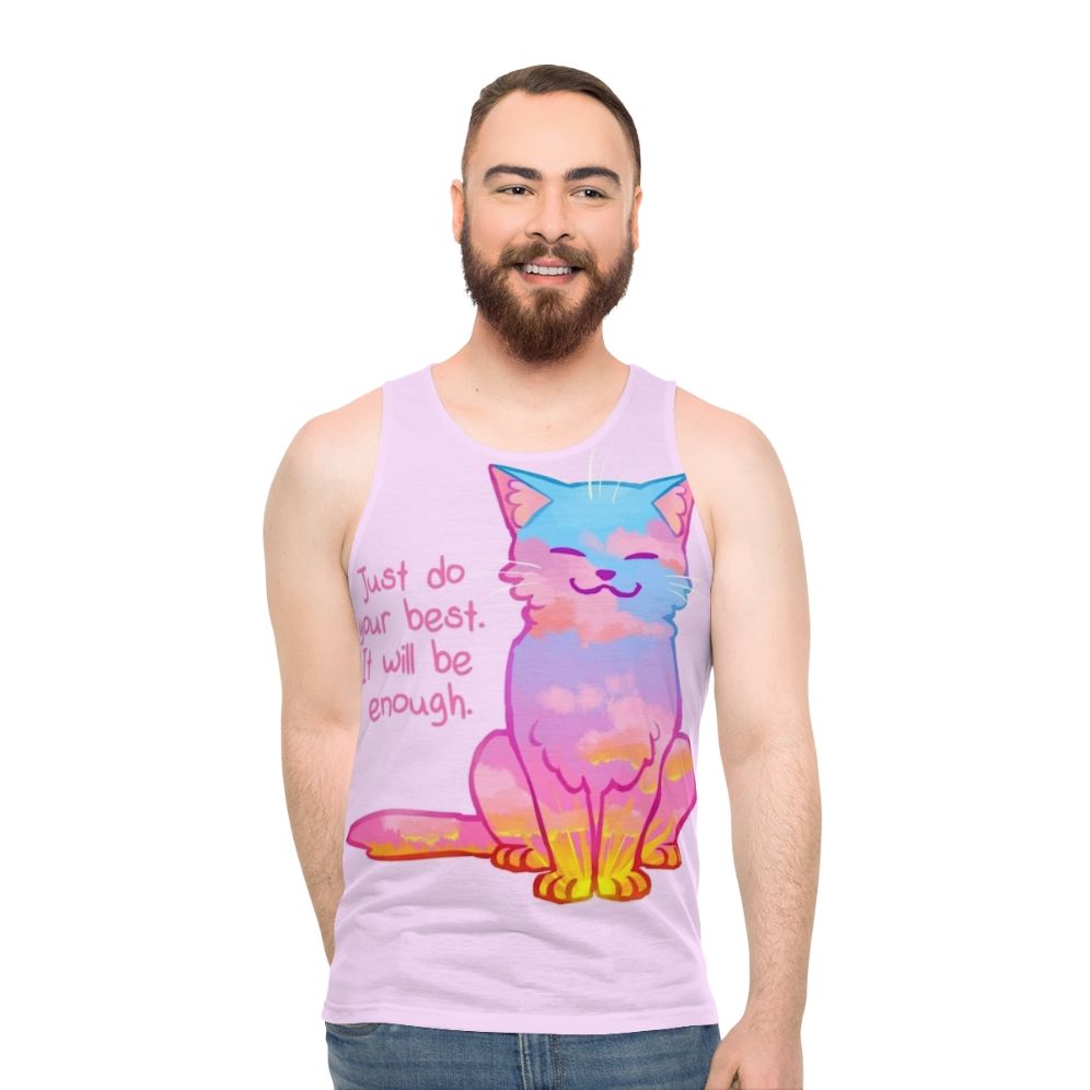 Sunset cat graphic on a unisex tank top with an inspirational affirmation - men