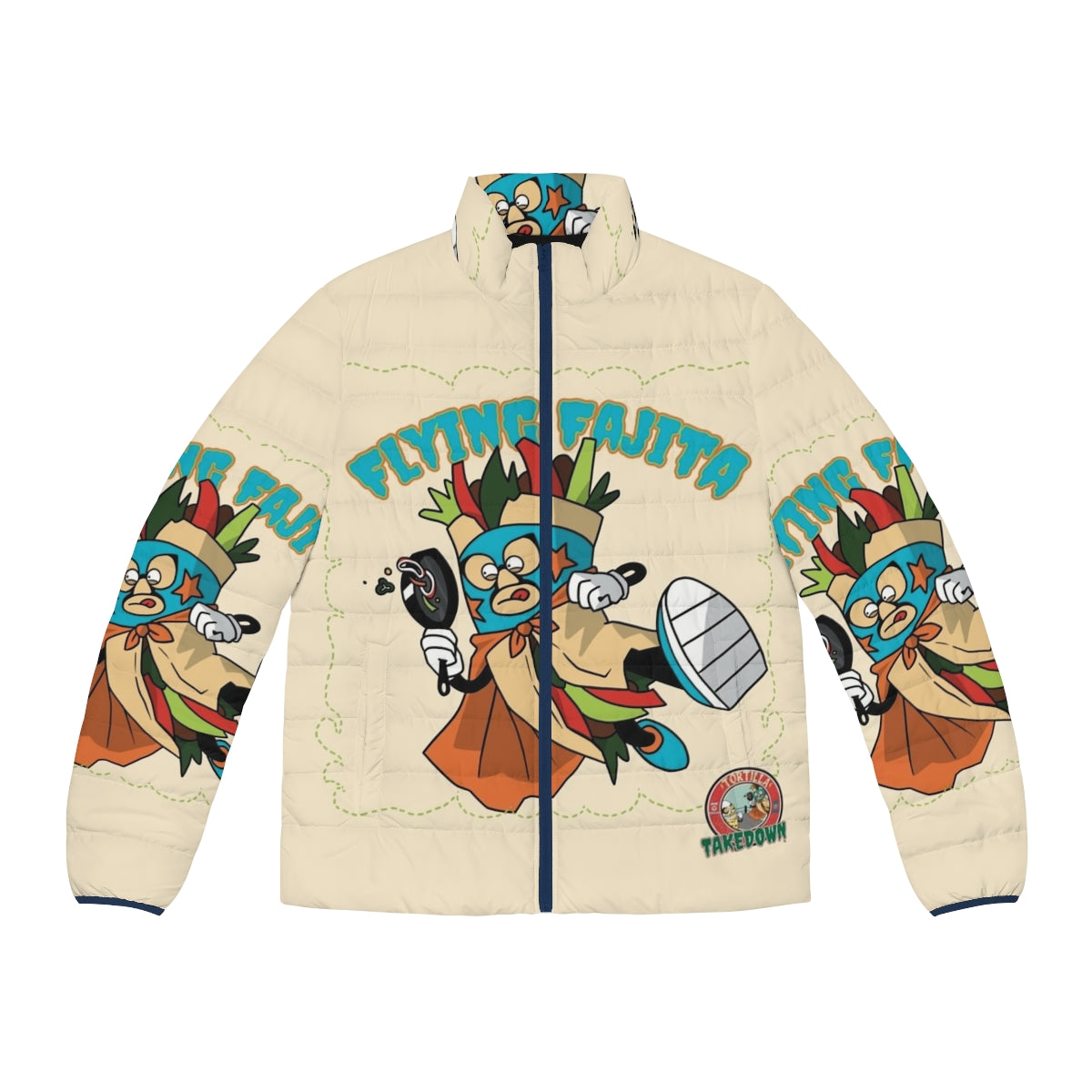 Vibrant puffer jacket with Mexican wrestling and food design